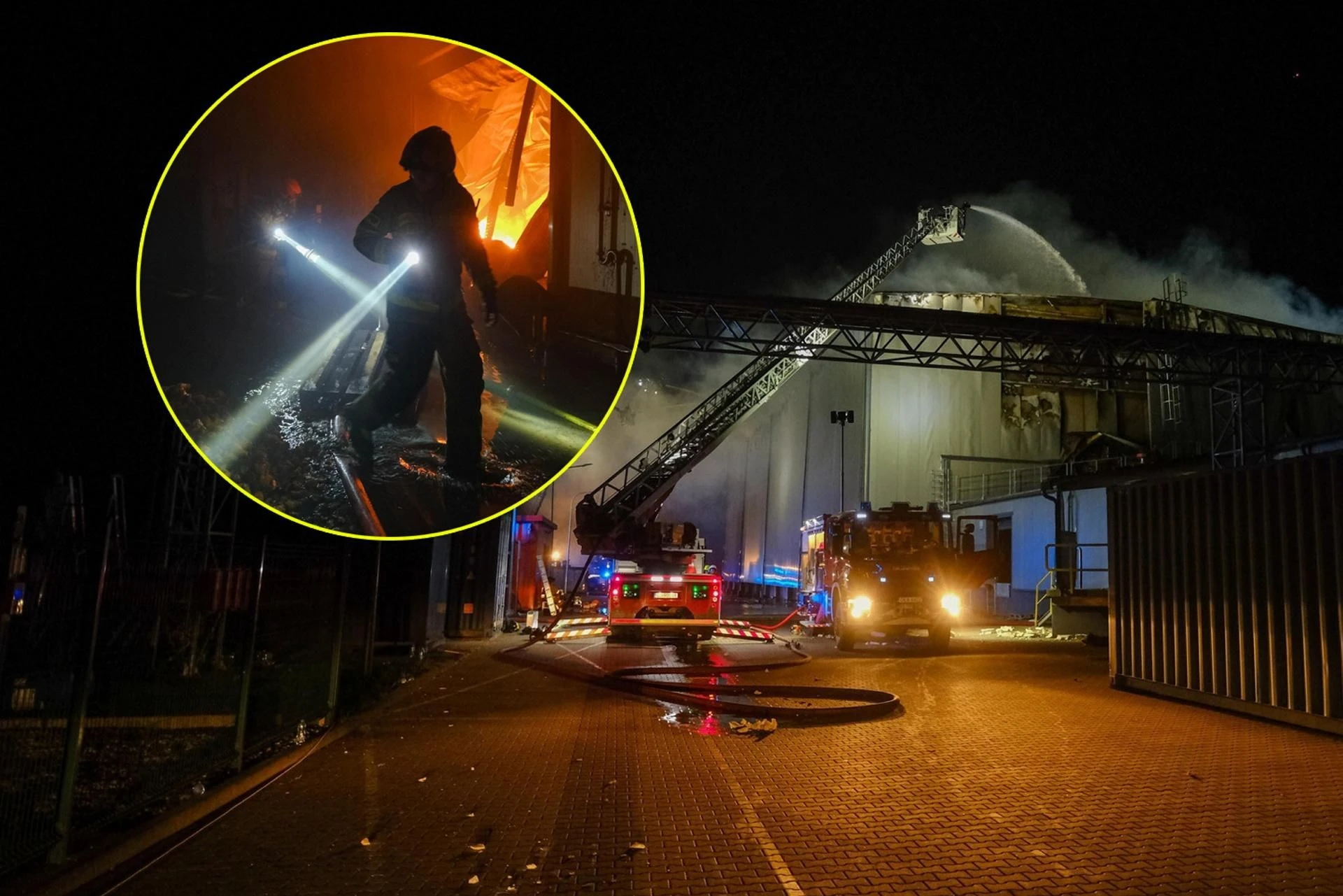 Dramat w Kawlach Ogromny pożar hali przetwórni drobiu. Z ogniem walczy 120 strażaków. Jeden z nich zaginął i jest poszukiwany