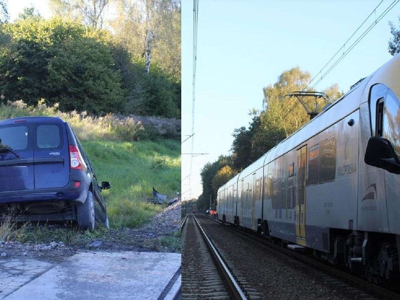 Chwile grozy Kraksa osobówki z pociągiem. Dacia wjechała na przejazd mimo włączonej sygnalizacji