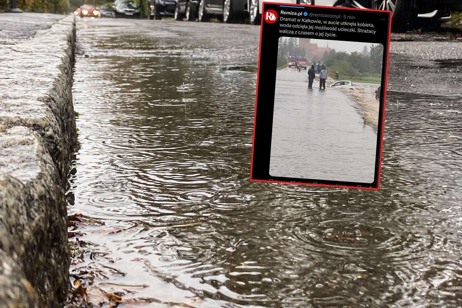 ŚMIERTELNA PUŁAPKA Walka o życie w Kałkowie! Kobieta utknęła w zatopionym samochodzie