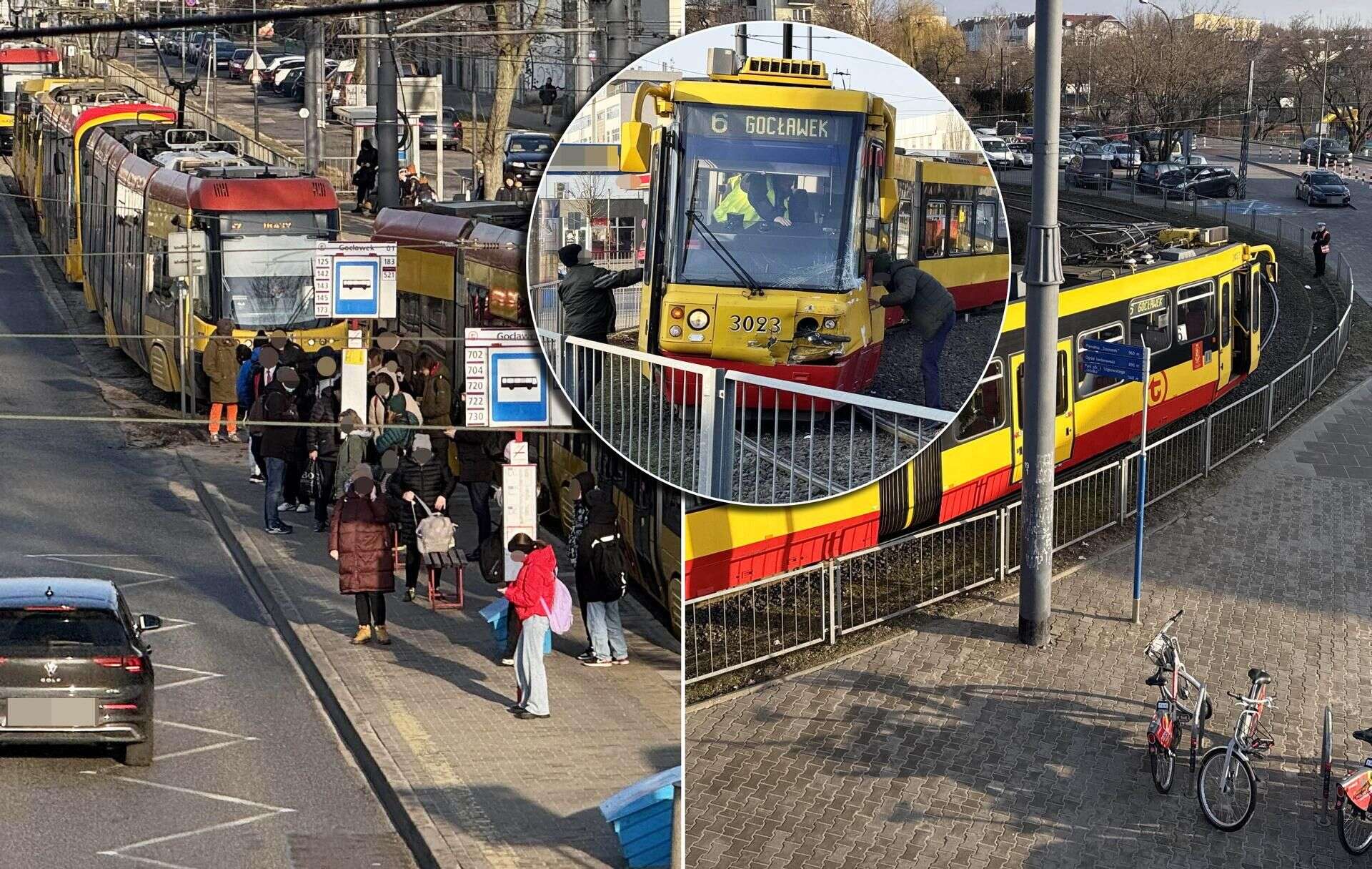 uwaga Zderzenie tramwaju z samochodem w Warszawie. Duże utrudnienia, tłum na pętli