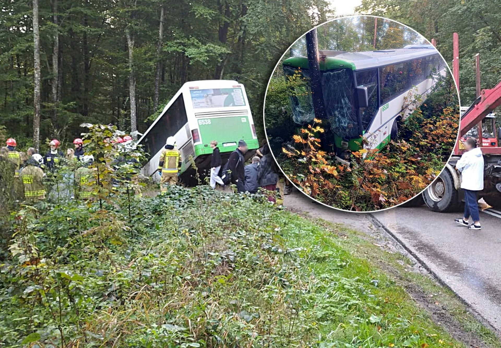 na sygnale Wypadek autobusu pełnego uczniów w powiecie puckim! Zderzył się z ciężarówką i wjechał do rowu. Są ranni