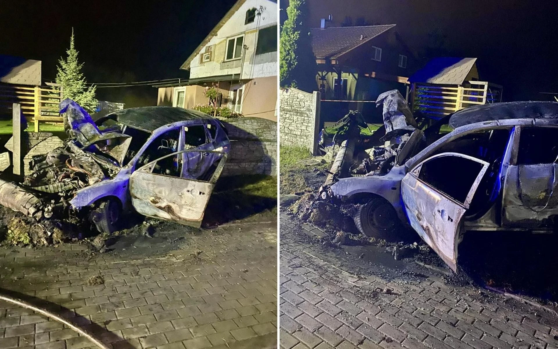 Szokujący wypadek Mazda płonęła jak pochodnia! 22-latek huknął w ogrodzenie i słup, który spadł na budynek [ZDJĘCIA]