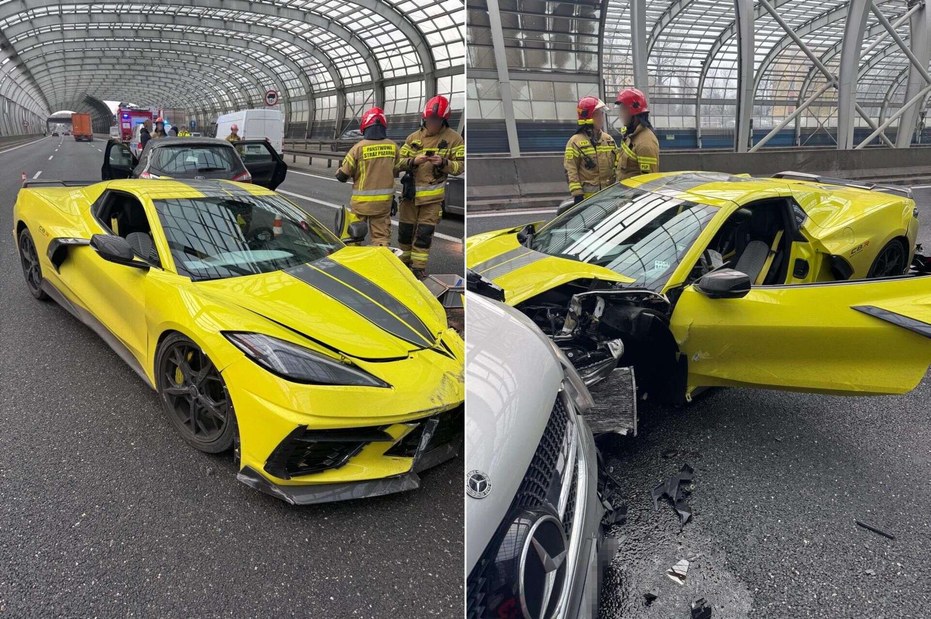 Dramat Żółty Chevrolet Corvette huknął w bariery i wjechał pod prąd! zderzył się z 3 samoch…