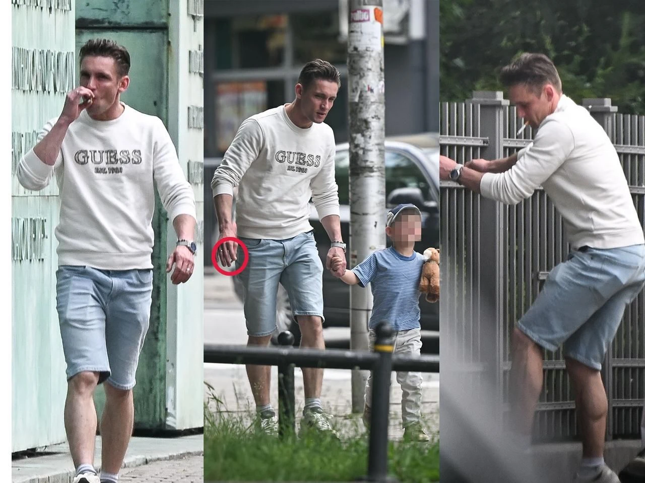 Zdjęcia paparazzi Tak przy dzieciach?! Filip Gurłacz na spacerze z żoną i synami. Puszczał dymka i ska…