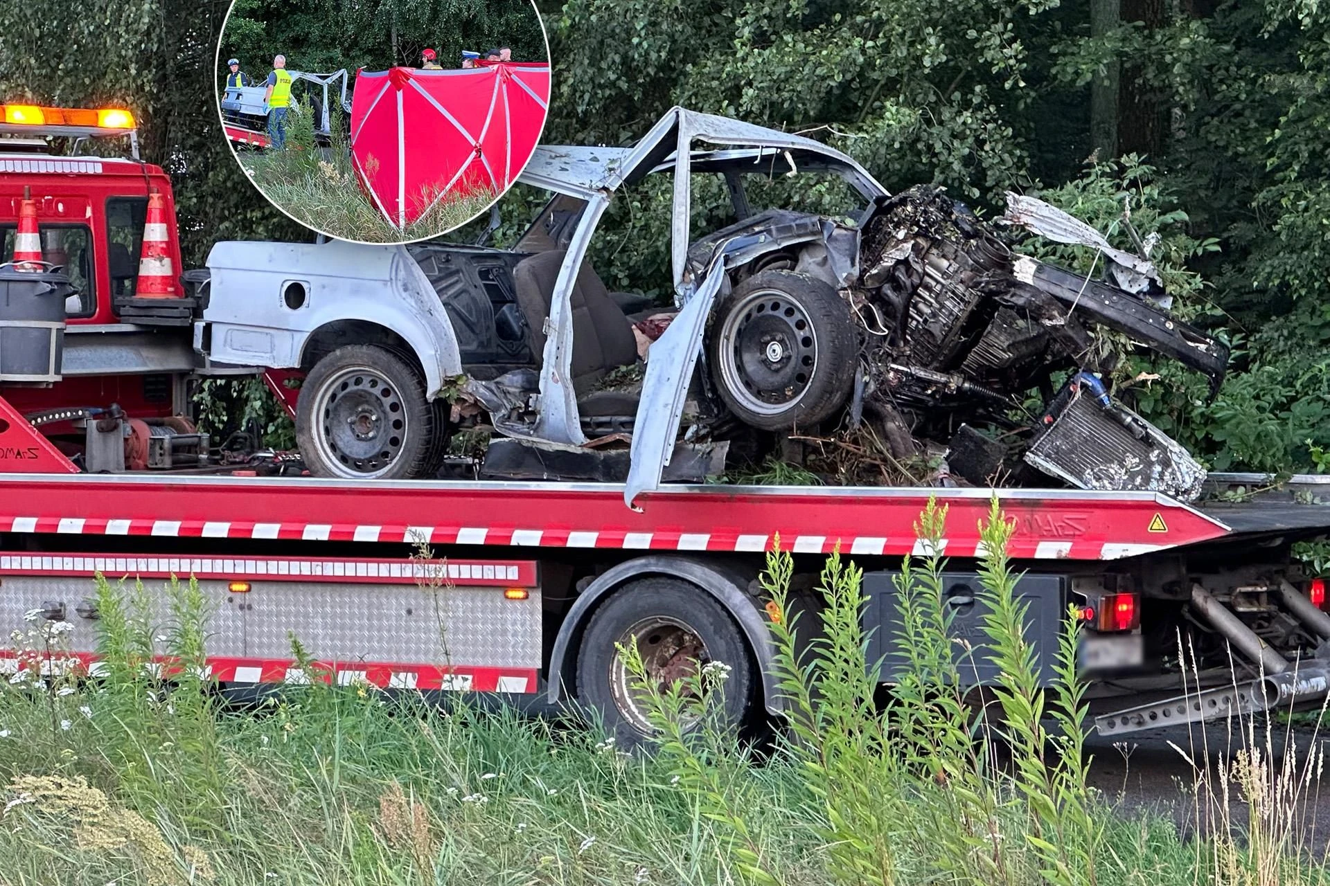 PRZERAŻAJĄCE ZDJĘCIA 30-latek jechał gruzem: BMW bez drzwi i okien! Uderzył w drzewa i zginął na miejscu