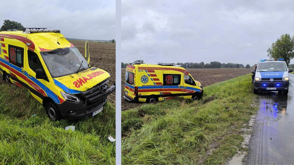 Ambulans wypadł z drogi i dachował. Ratownicy w szpitalu