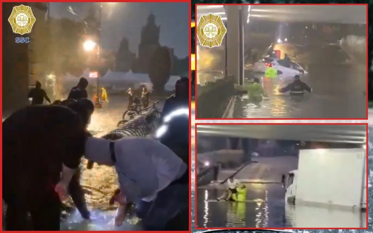 Se inunda Zócalo por intensas lluvias y conductores varados en bajo puente