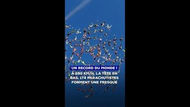 Record du monde ! À 280 km/h, la tête en bas, 174 parachutistes forment une fresque