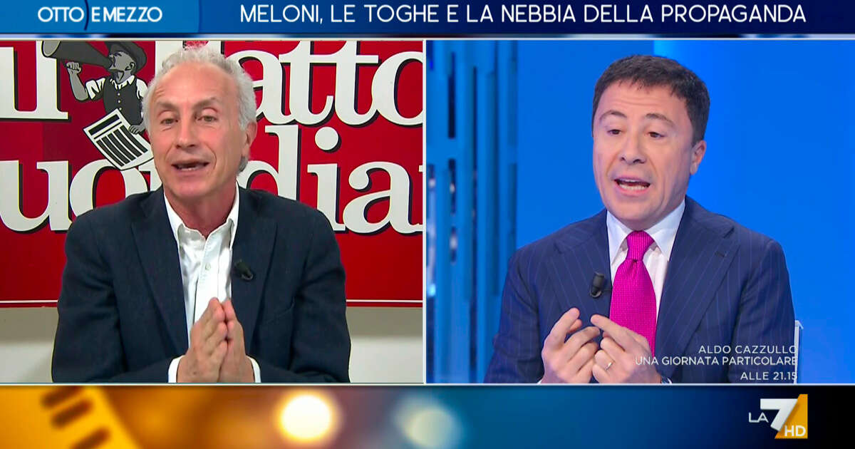 Meloni indagata, Travaglio inchioda Bocchino: “Reati infondati? Nel 2012 hai votato la norma che punisce chi ostacola la Corte dell’Aja”. Su La7