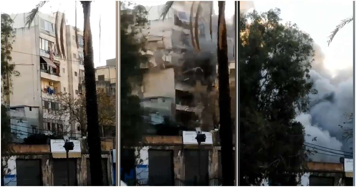 L’esercito israeliano diffonde il video del crollo di un edifico a Beirut: centrato da un missile il palazzo collassa (video)