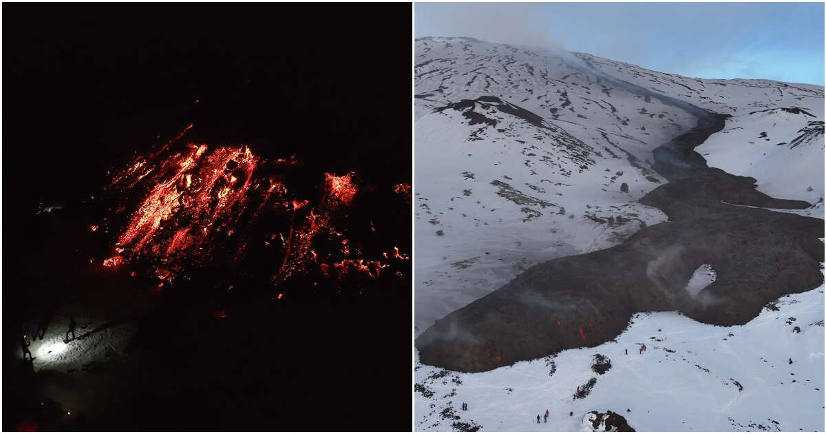 La colata lavica dell’Etna vista dal drone di notte: poi con la luce del giorno in mezzo alla neve. Il video è spettacolare