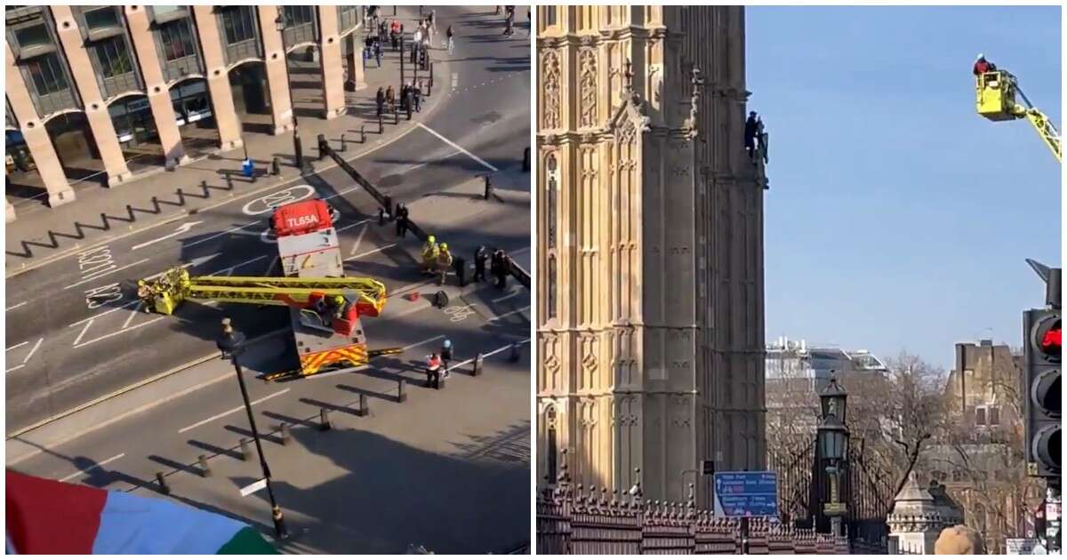 “Palestina libera”: uomo si arrampica a piedi nudi sul Big Ben a Londra e sventola la bandiera dello stato. Bridge Street blindata – Video