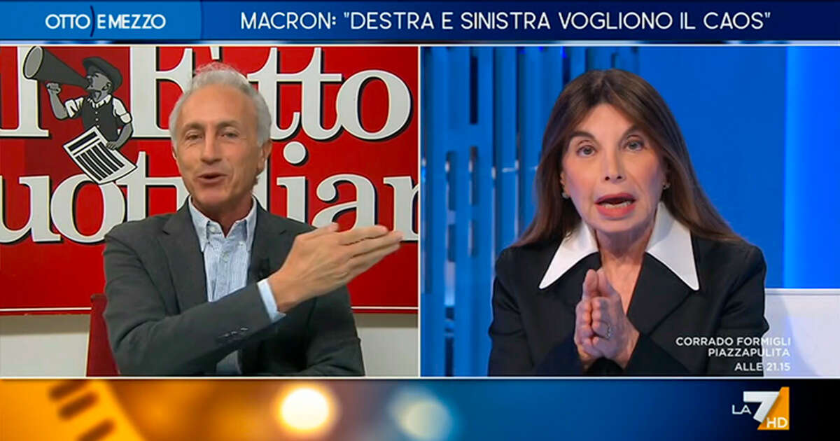 Lite Sattanino-Travaglio a La7. “Senza Macron la Francia crolla”. “Il debito da 3mila miliardi è colpa di Mélenchon o di chi è al potere da 7 anni?”