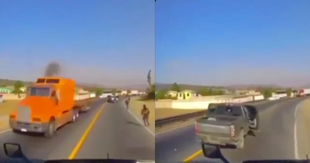 VIDEO: Trailero evita asalto en carretera de Puebla luego de casi arrollar a ladrones