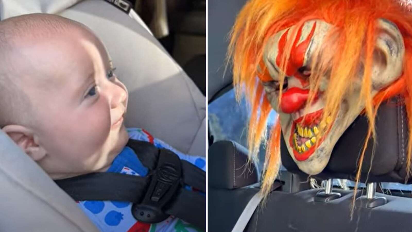 Baby completely undaunted by scary-looking Halloween mask