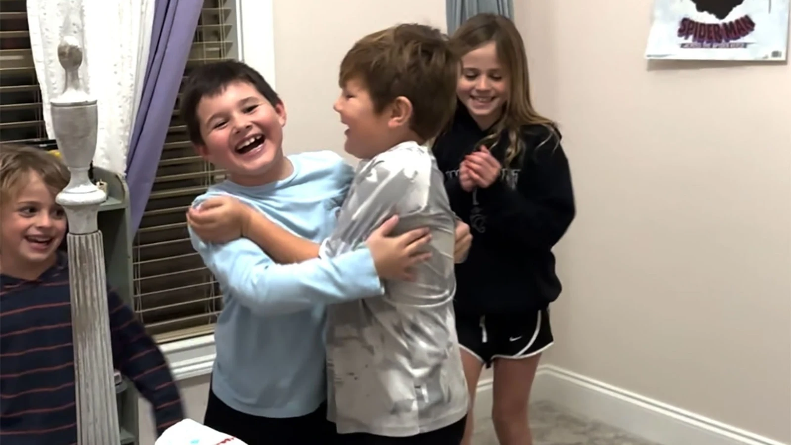 Boy tears up after surprise visit from best friend
