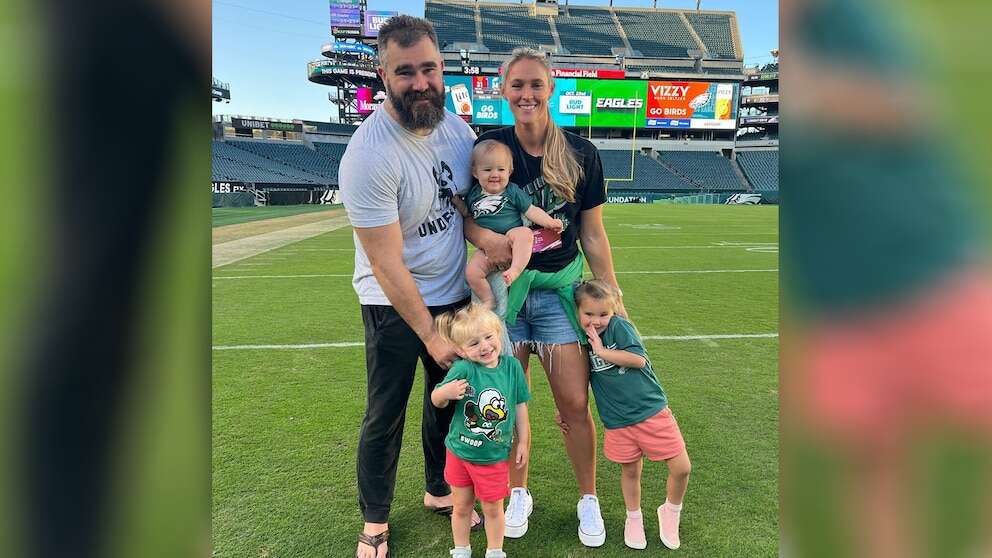 Jason Kelce's daughter Bennett cheers on dad at 1st NFL gameJason and Kylie Kelce are parents of three daughters.10/10/2023 01:21:29 EDT