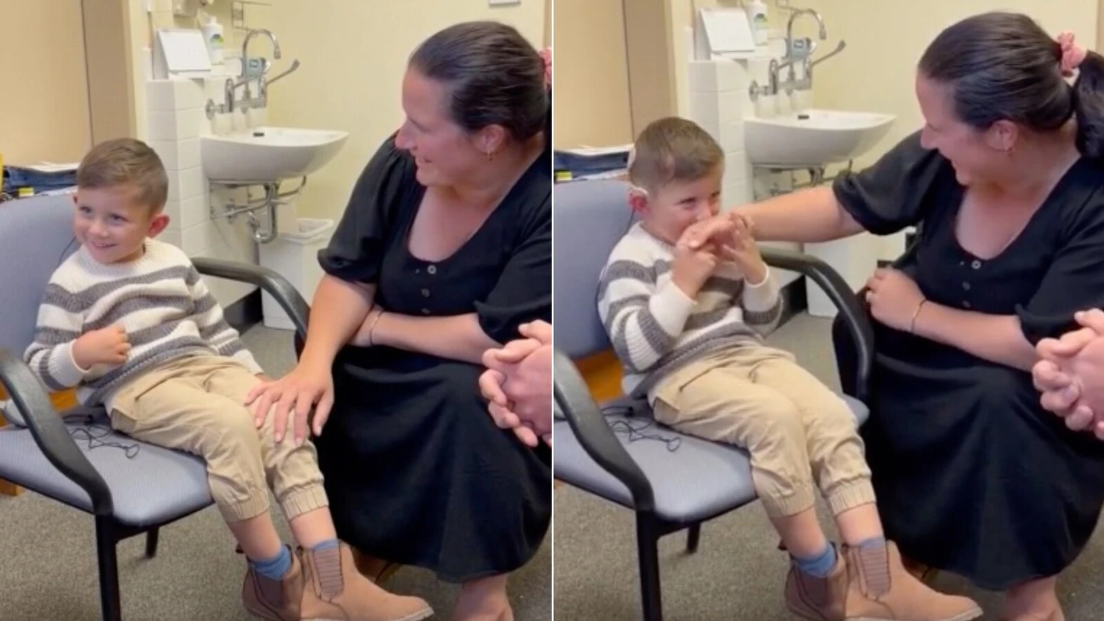 Boy reacts to hearing after cochlear implants