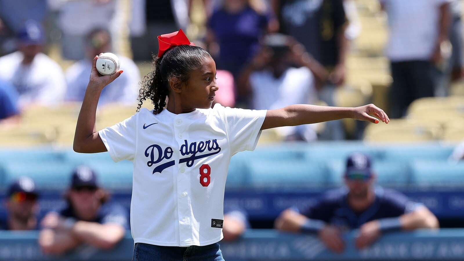 Katelyn Mulcahy/Getty ImagesKobe and Vanessa Bryant's daughter Bianka throws 1st pitch at Dodgers gameThe couple's youngest daughter Capri also had a cute moment at the game.8/26/2024 11:31:00 EDT