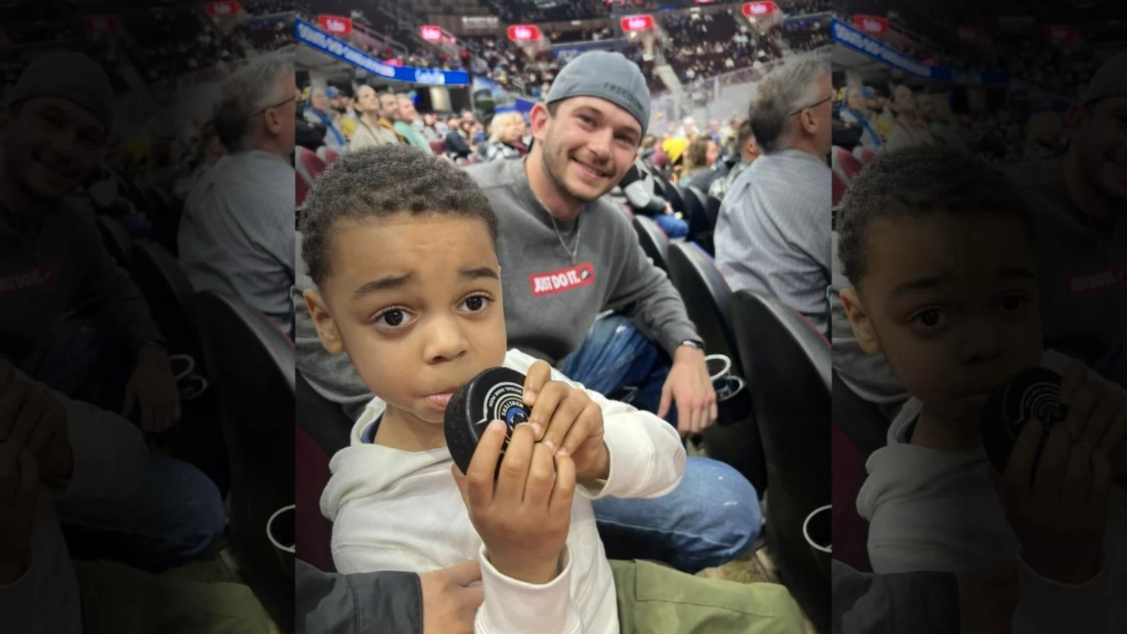 Hero hockey fan blocks puck from 4-year-old