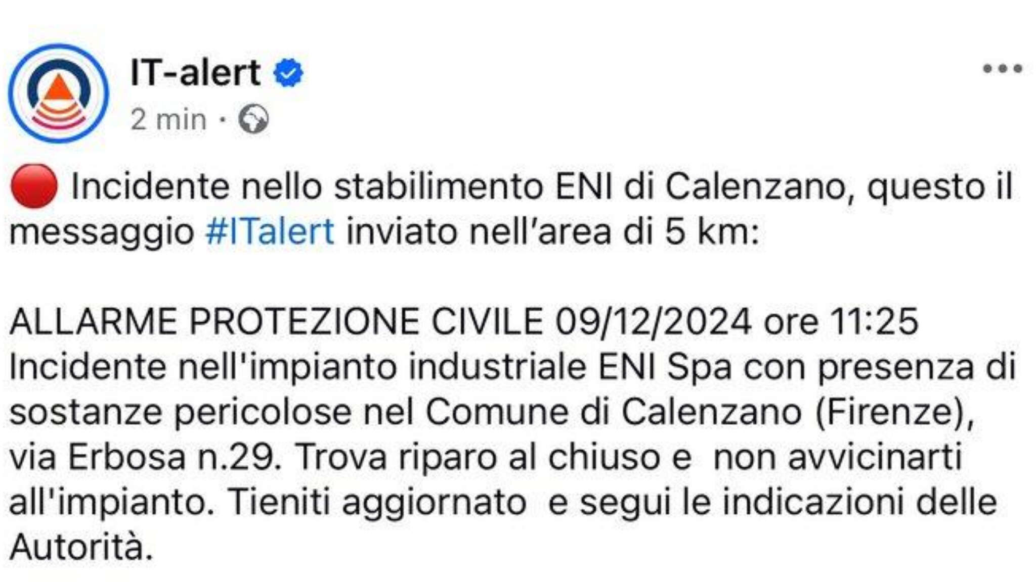 Esplosione nella raffineria di Calenzano, attivato per la prima volta in sistema It-Alert