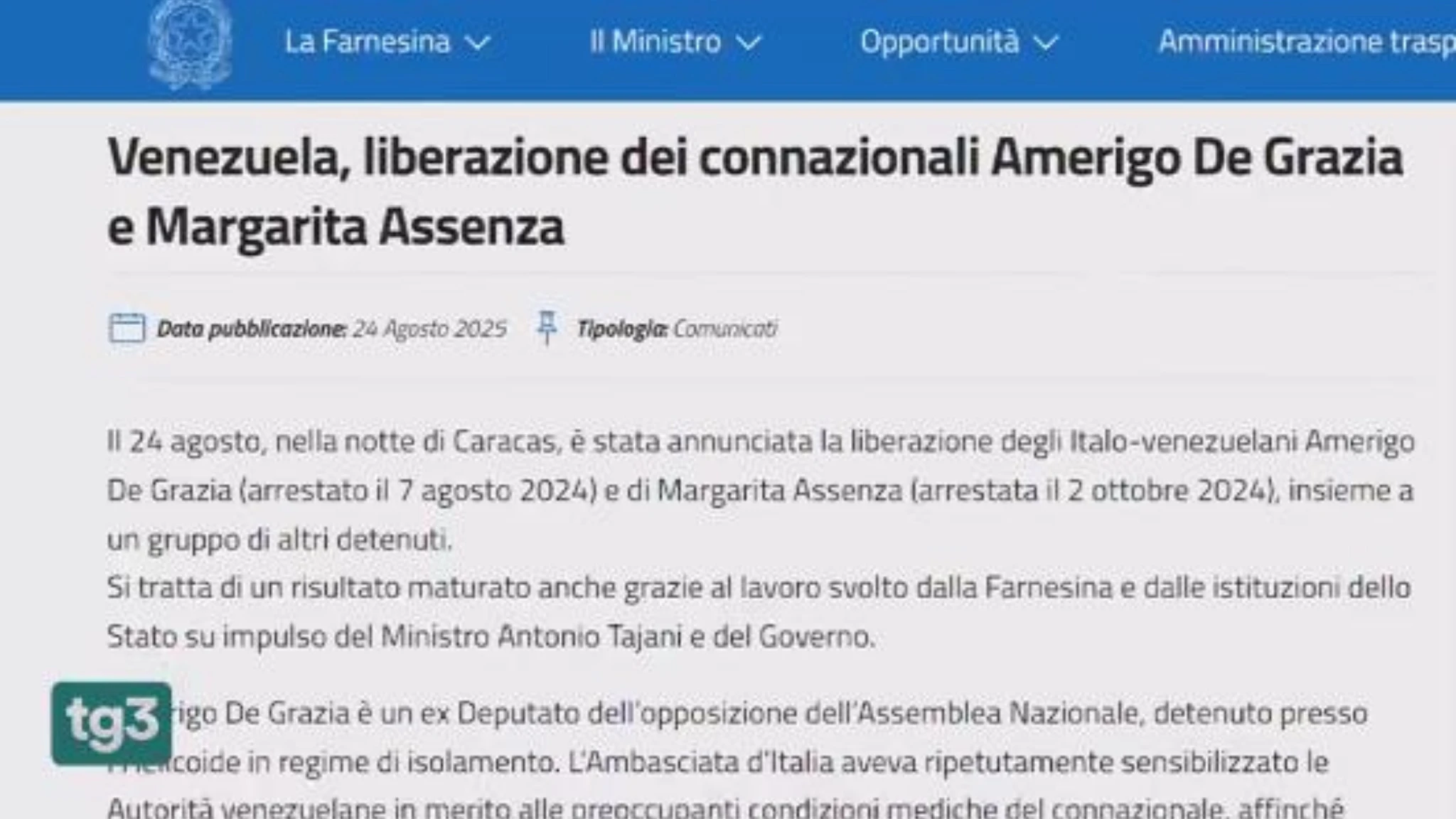 Caracas libera due italo-venezuelani. Farnesina: 