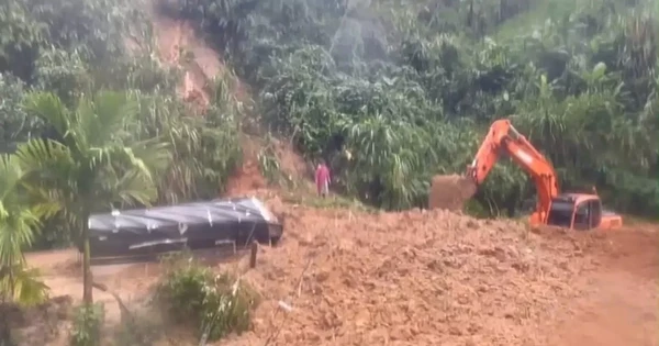 Sạt lở, hàng tấn đất đá đổ ập vùi nửa xe tải, tài xế thoát chết trong gang tấc