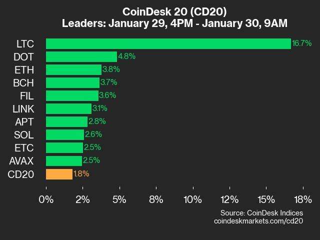 CoinDesk 20 Performance Update: LTC Surges 16.7% as All Assets Trade Higher