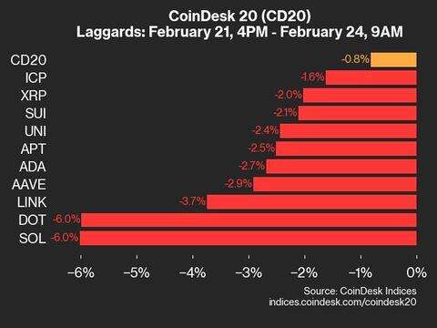 CoinDesk 20 Performance Update: SOL and DOT Drop 6%, Leading Index Lower