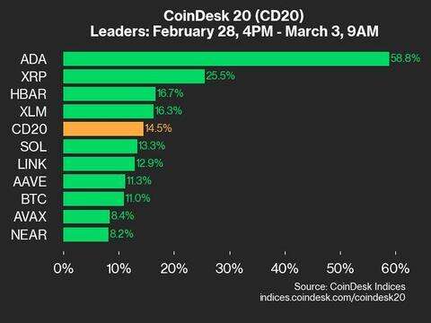 CoinDesk 20 Performance Update: Cardano (ADA) Surges 58.8% as Nearly All Assets Rise