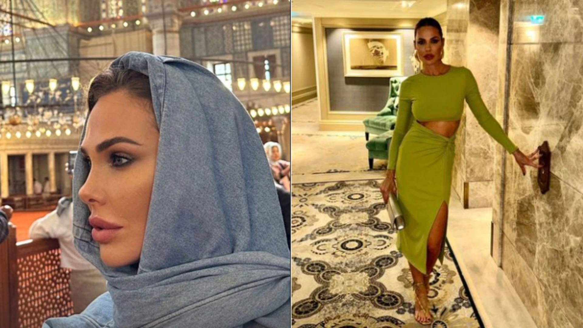 Ilary Blasi in Turchia: di giorno col velo nella moschea, di sera è trendy in abito cut-out