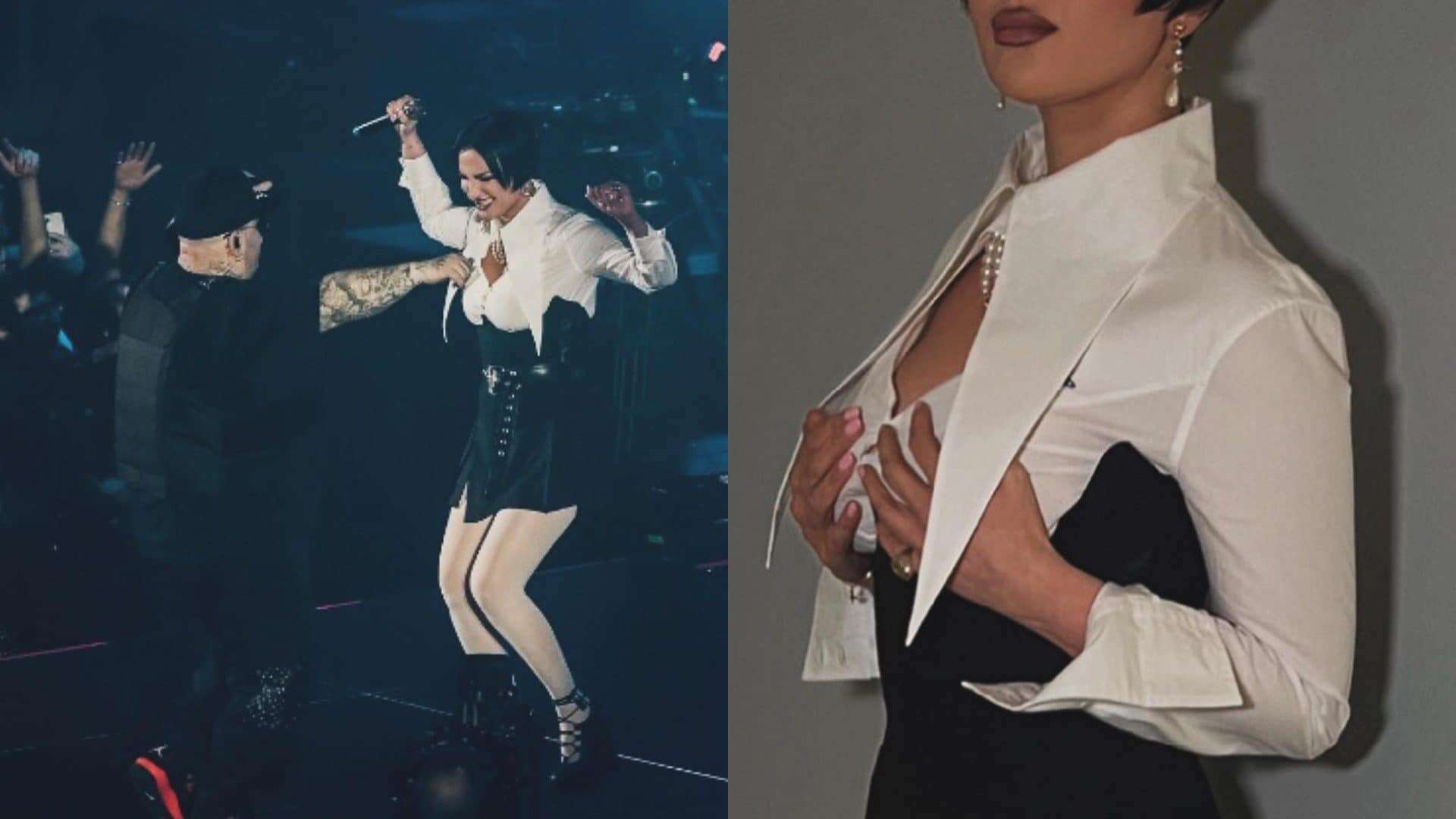 Arisa sul palco coi Club Dogo: il look bicolore con corsetto e camicia dal maxi colletto