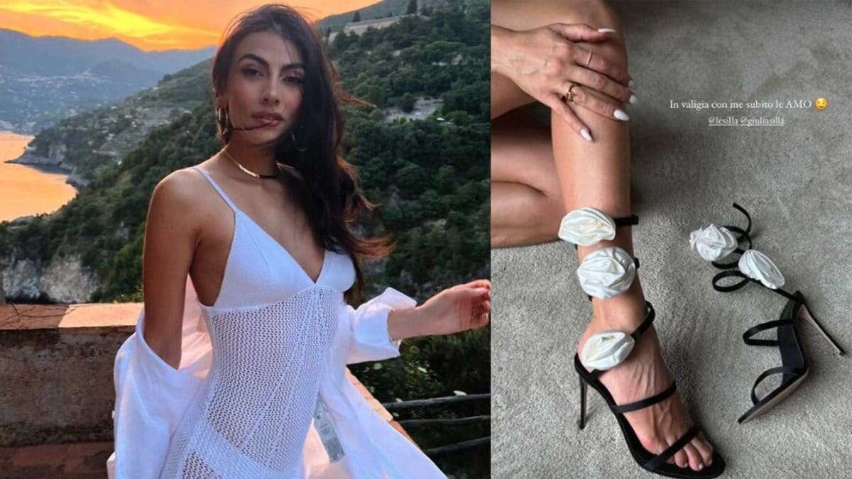 La valigia per l’estate di Giulia Salemi: sandali con tacco a spillo e rose tridimensionali da oltre 700 euro