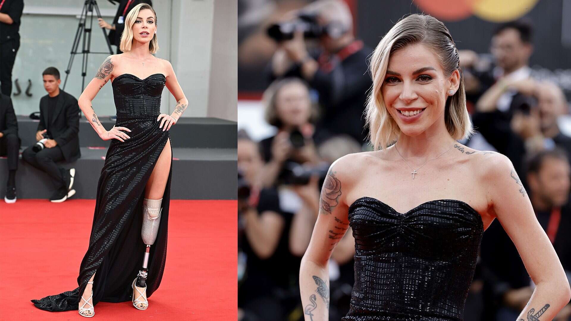 Nina Rima a Venezia 2023: lo spacco sulla gamba rivela la protesi, simbolo della sua forza