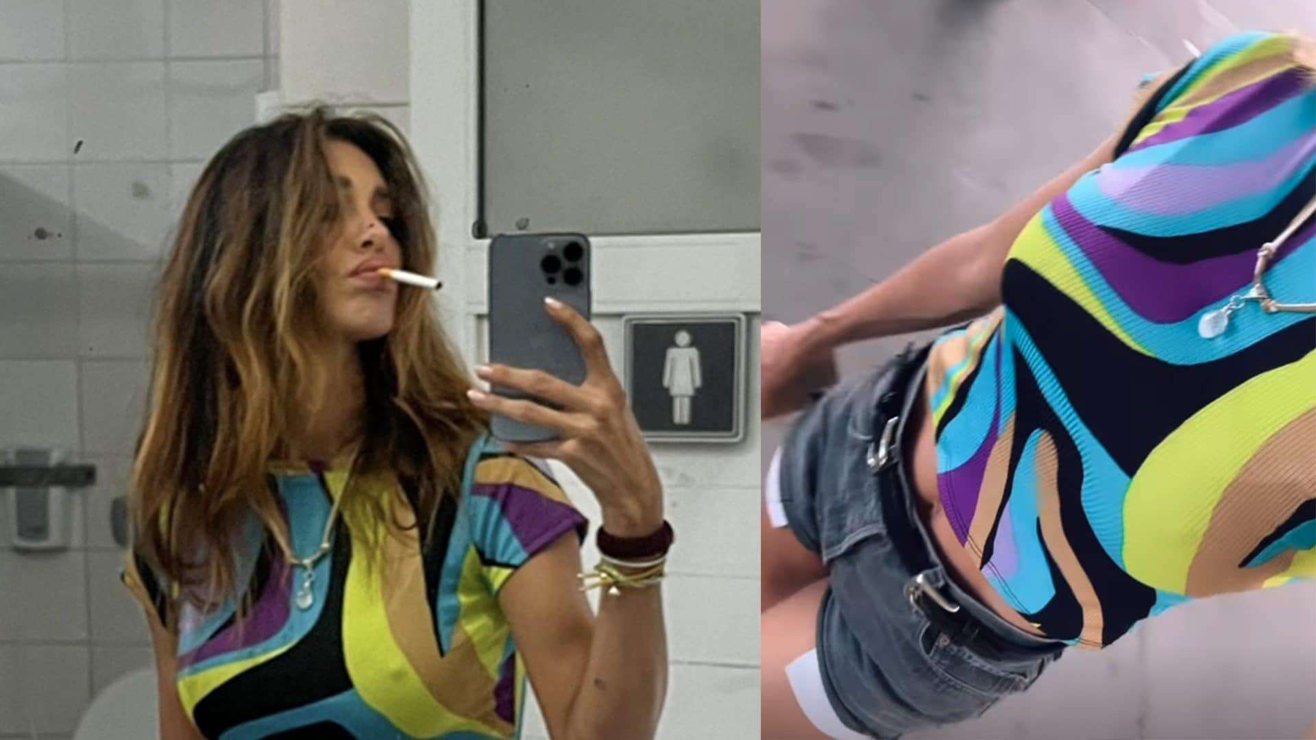 Inizio d’anno sotto la pioggia per Belén Rodriguez, con T-shirt arcobaleno e shorts di jeans