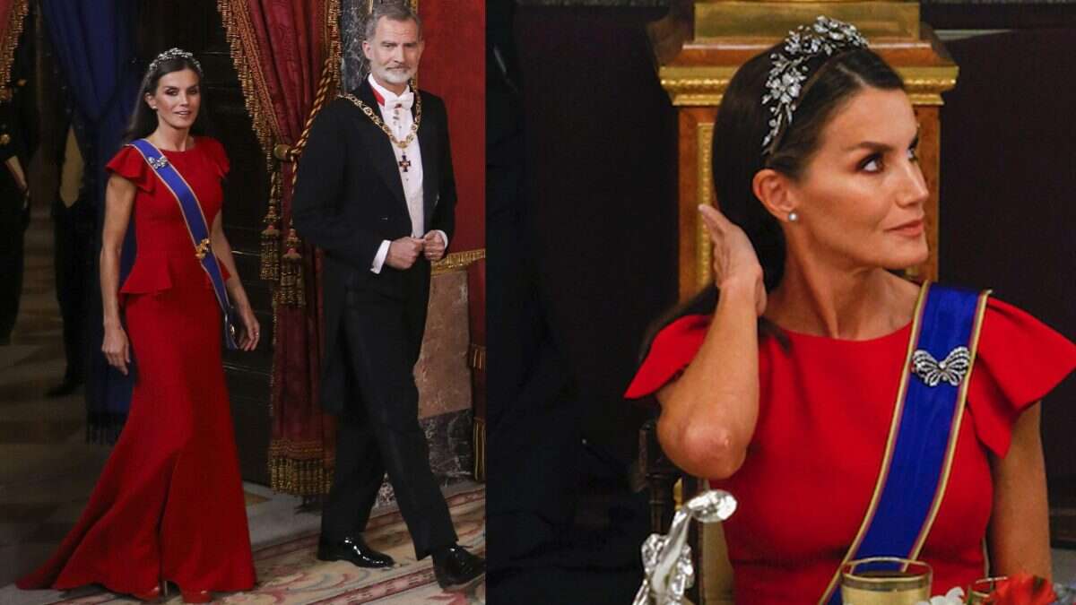 Letizia di Spagna incanta in rosso: la regina brilla con la tiara floreale di diamanti