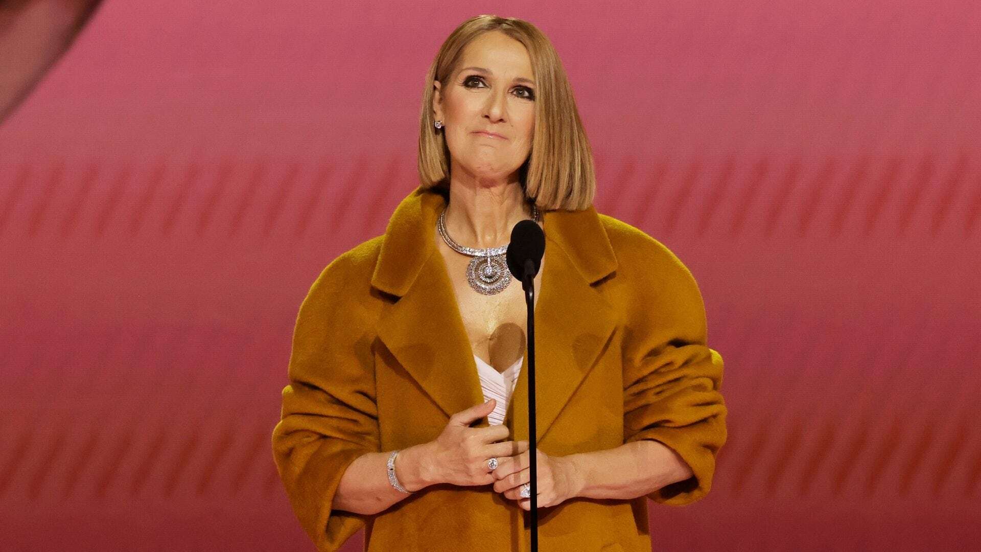 Celine Dion ai Grammy Awards 2024: torna in pubblico col maxi cappotto che nasconde lo spacco