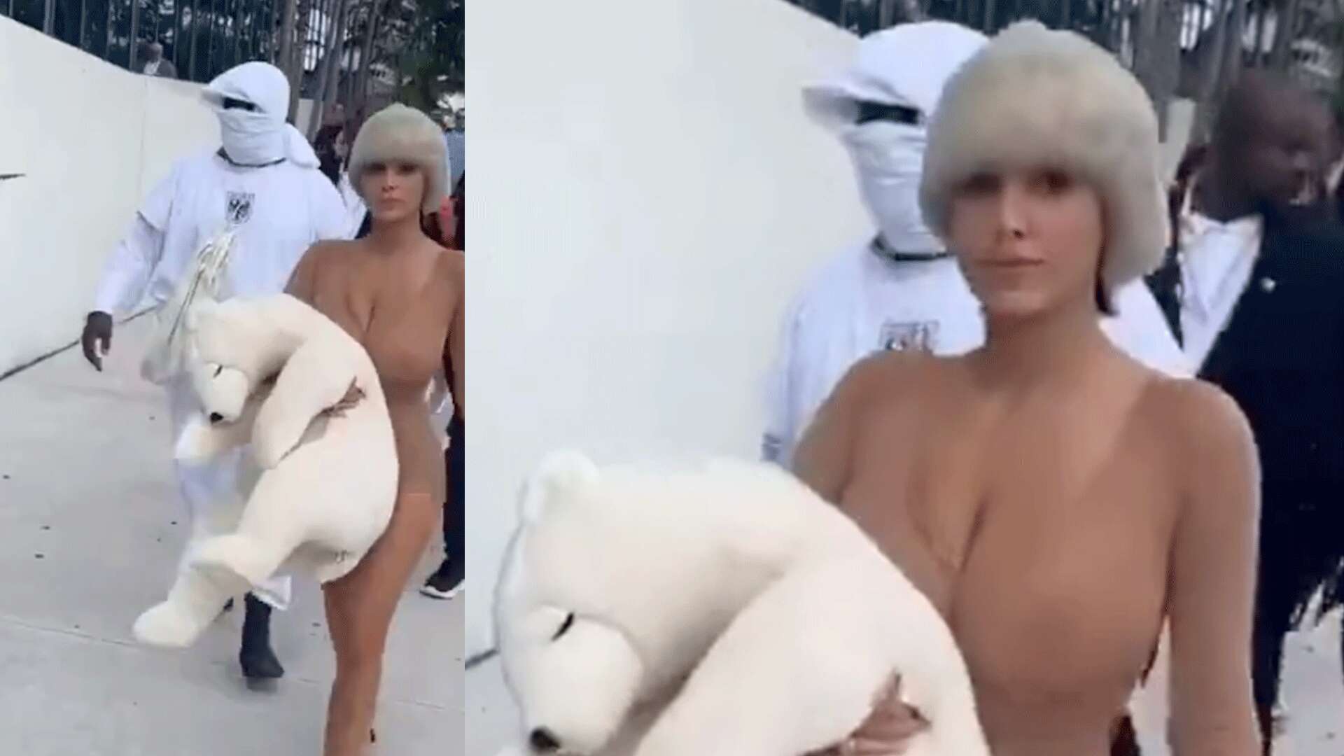 Bianca Censori ancora svestita: la moglie di Kanye West si copre con un peluche