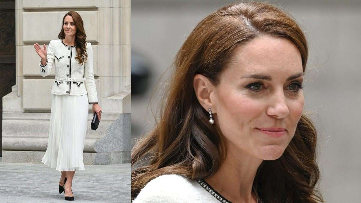 Kate Middleton è chic in bianco e nero: il vestito midi sembra un completo in due pezzi