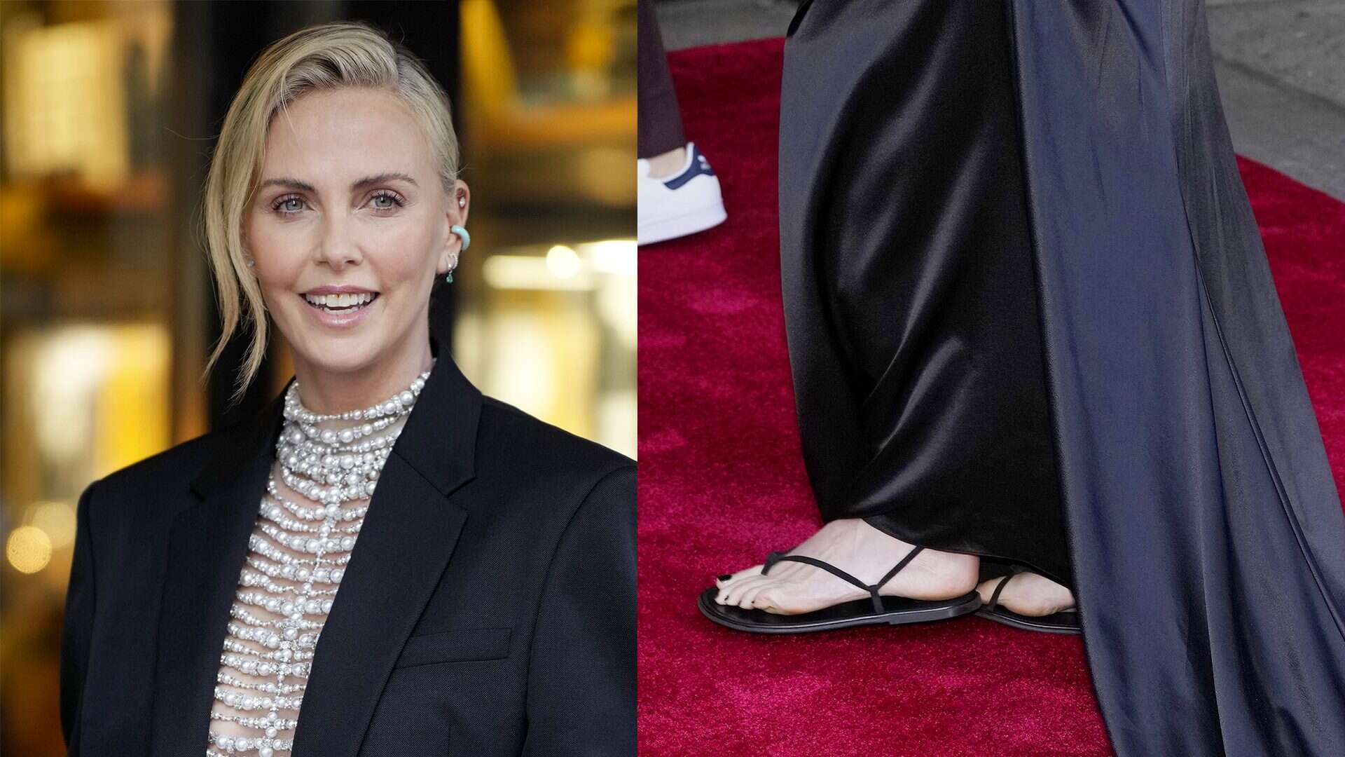 Charlize Theron dice addio ai tacchi a spillo, sul red carpet sfila con infradito bassi