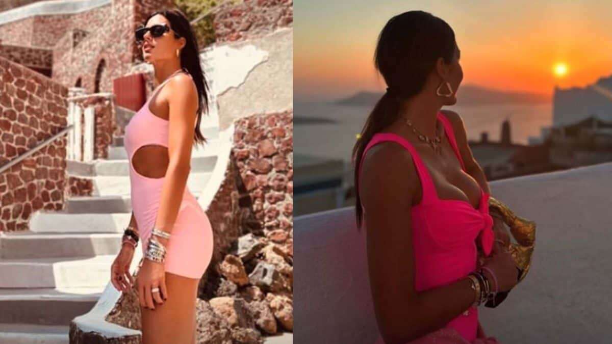 La vacanza a Santorini di Elisabetta Gregoraci si colora di rosa tra cut-out e maxi scollatura