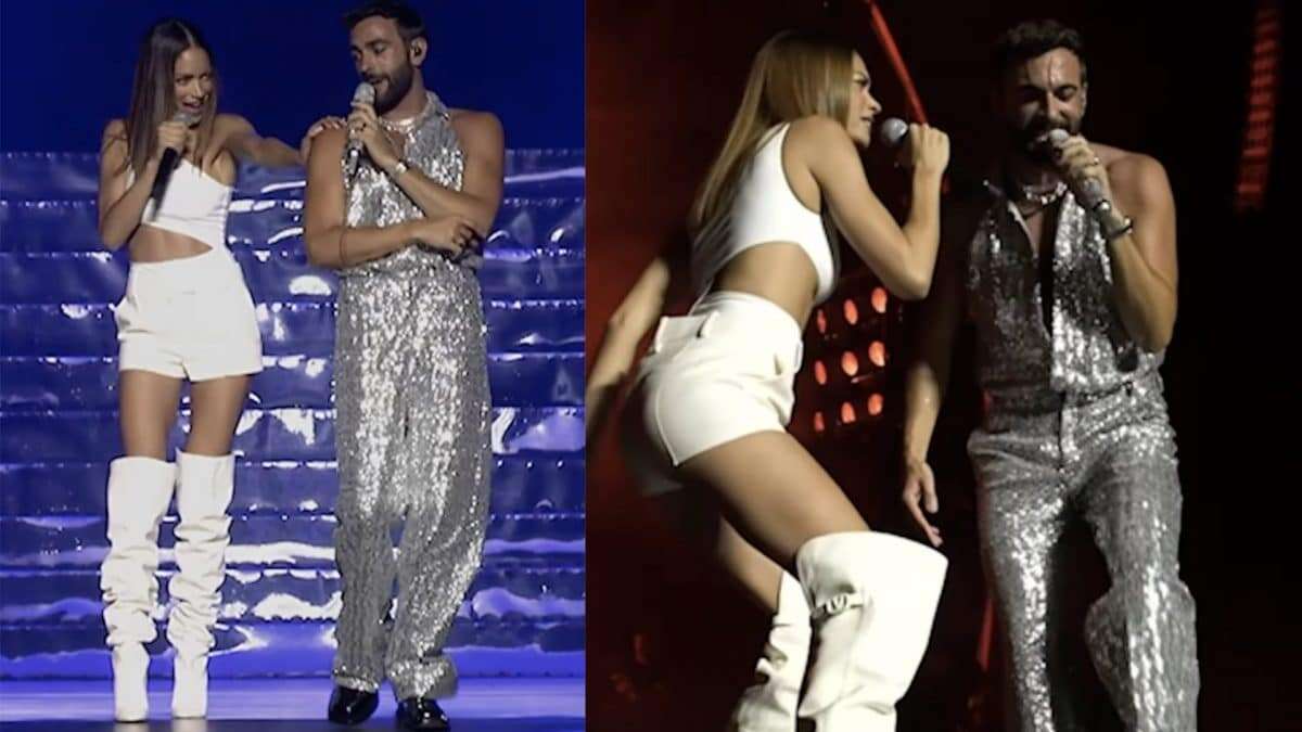 Elodie in total white: a sorpresa sul palco con Marco Mengoni in shorts e maxi stivali