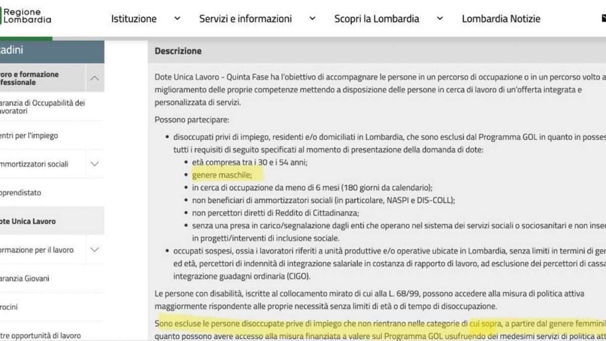 Regione Lombardia dedica il percorso di inserimento lavorativo solo ai maschi: scoppia la polemica