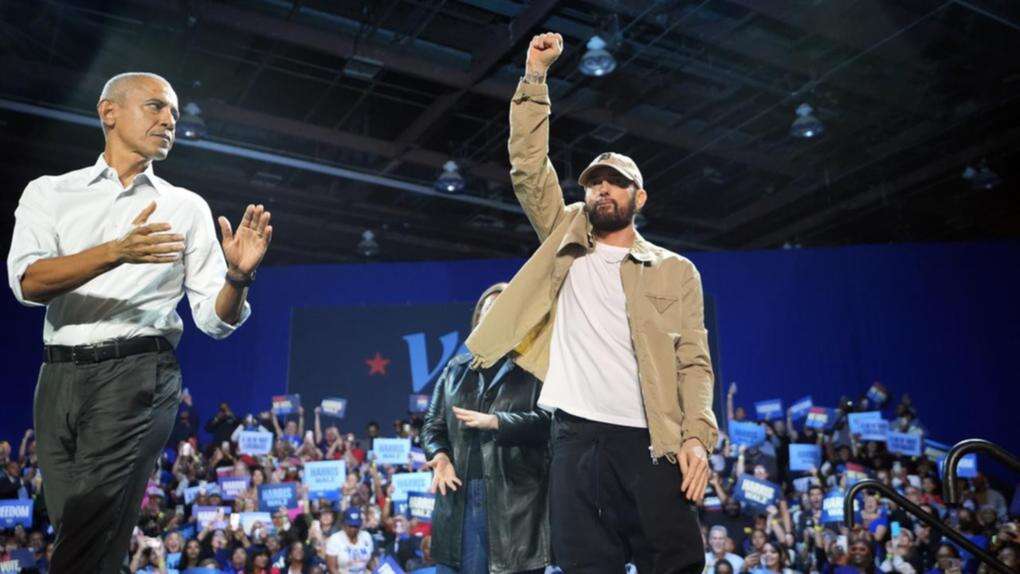 Obama and Eminem double-act at Detroit rally for Harris