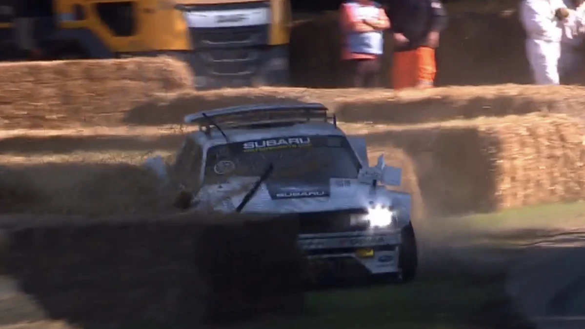 Travis Pastrana bins his 643kW Subaru wagon at Goodwood