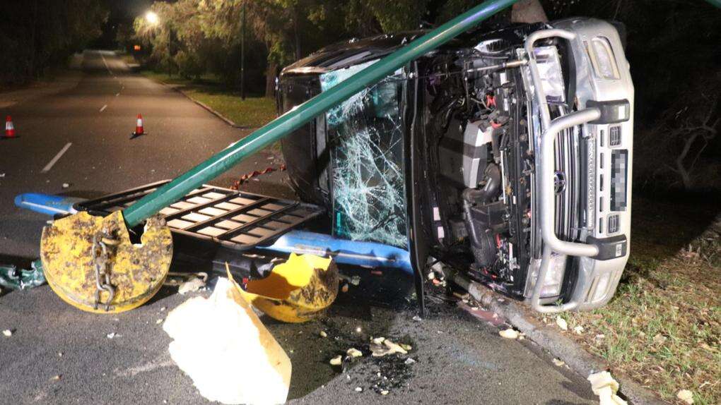 Driver towing mooring buoy takes out vehicle, power pole