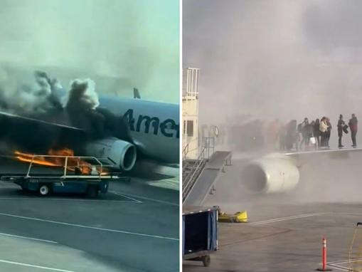 breakingAmerican Airlines flight catches fire as passengers escape