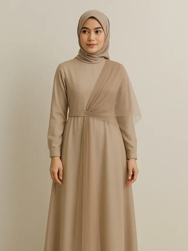 5 Model Gamis dengan Selendang Tile Simple, Elegan dan Mudah Dipadukan