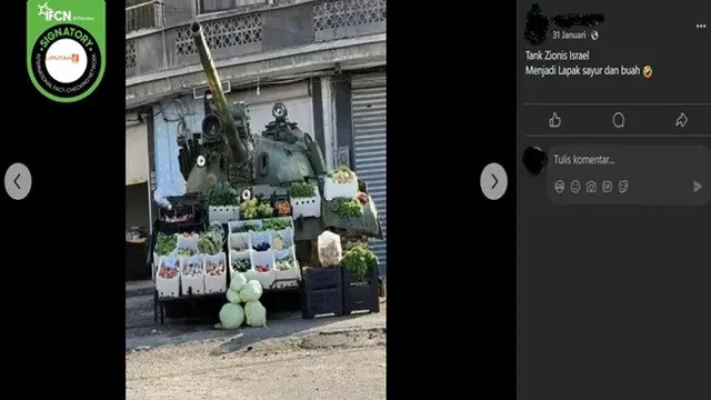 Cek Fakta: Tidak Benar dalam Foto ini Tank Israel Jadi Lapak Sayur dan Buah