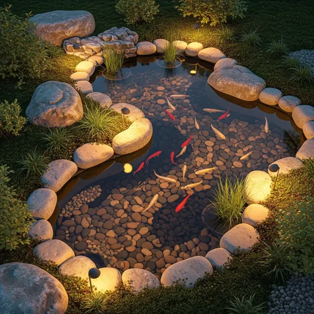 7 Desain Kolam Ikan Minimalis dengan Lampu Taman yang Hangat, Ciptakan Suasana Rumah Lebih...